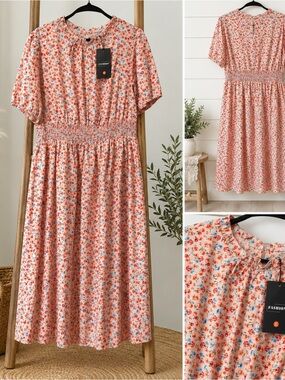 Fashion Brand Company Peach Floral Smocked Midi Dress